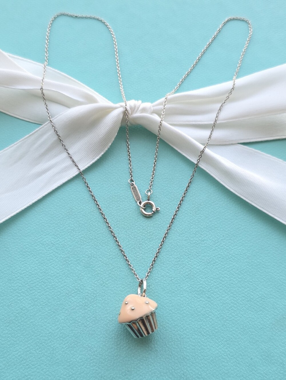Pink enamel cupcake charm, pendant necklace